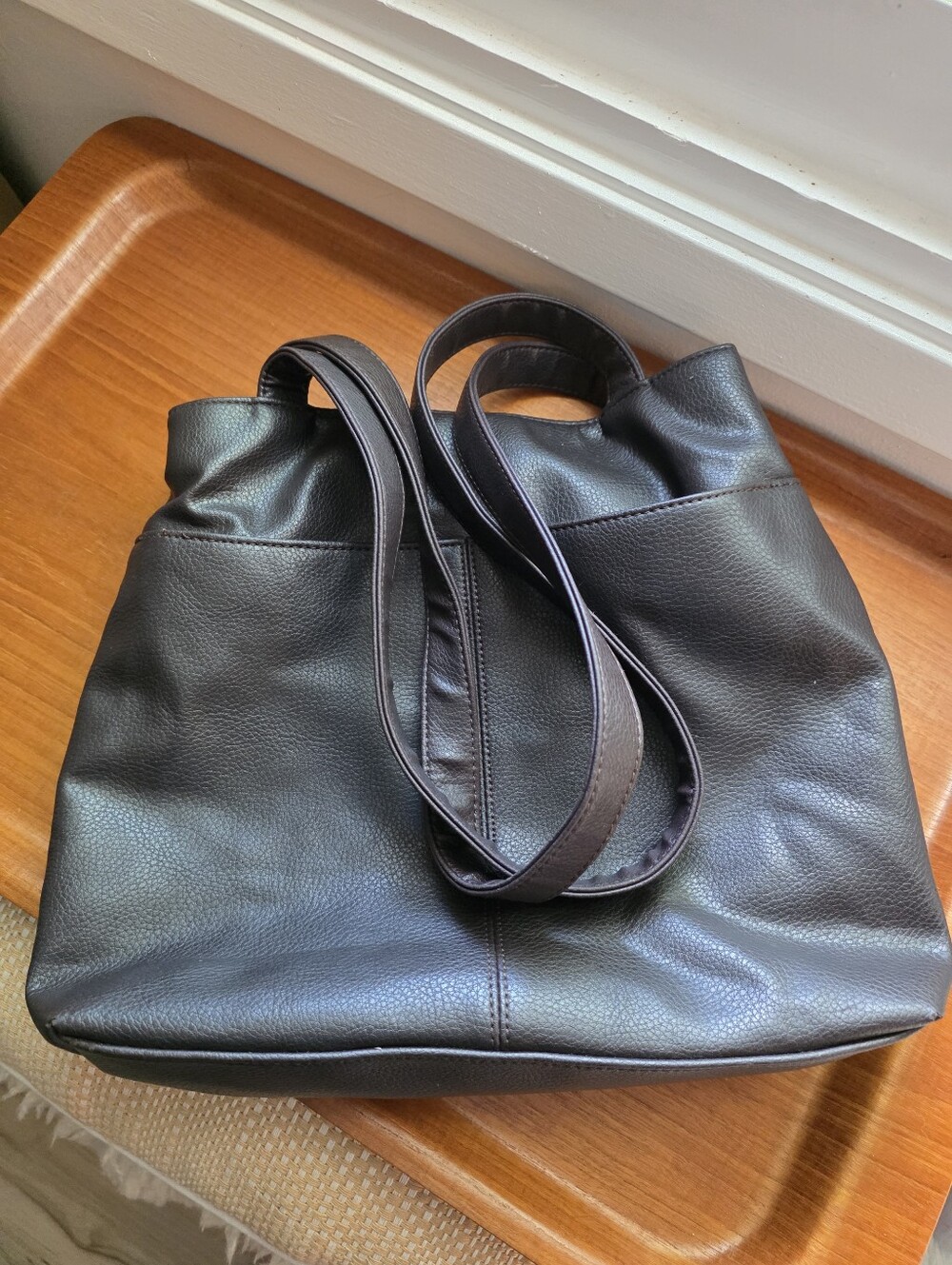 Perry Ellis Dark Brown Leather Purse Multipocket Top Handle Shopping Bag Casual